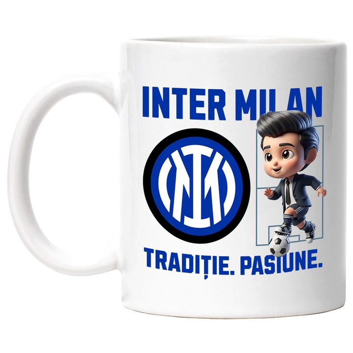 Cana cu Ken Barbie, si Echipa de Fotbal Inter Milam, Ceramica, 330ML, Cu Maner si Interior Alb