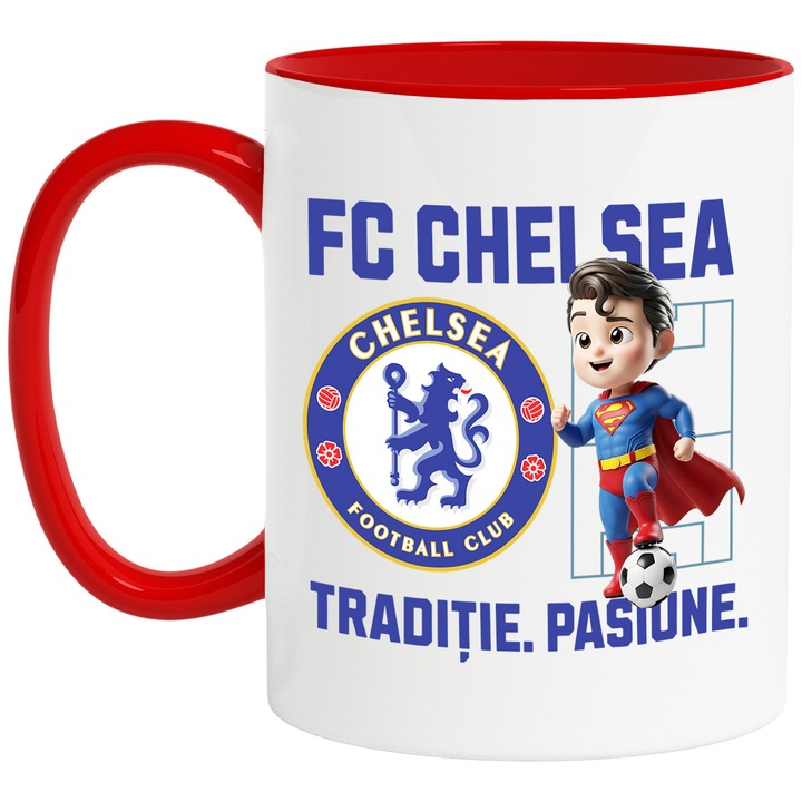 Cana cu Superman, si Echipa de Fotbal FC Chelsea, Ceramica, 330ML, Cu Maner si Interior Rosu