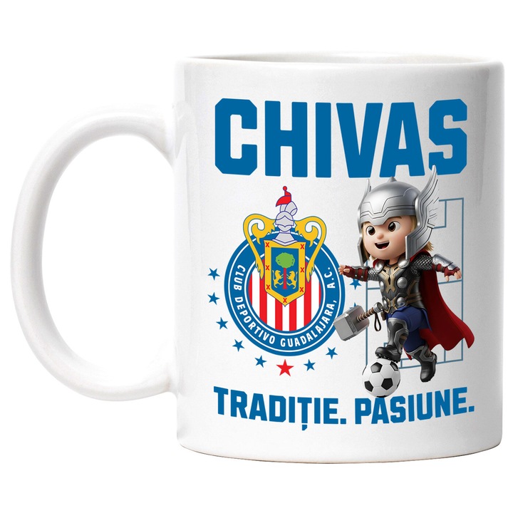 Cana cu Thor, si Echipa de Fotbal Chivas, Ceramica, 330ML, Cu Maner si Interior Alb