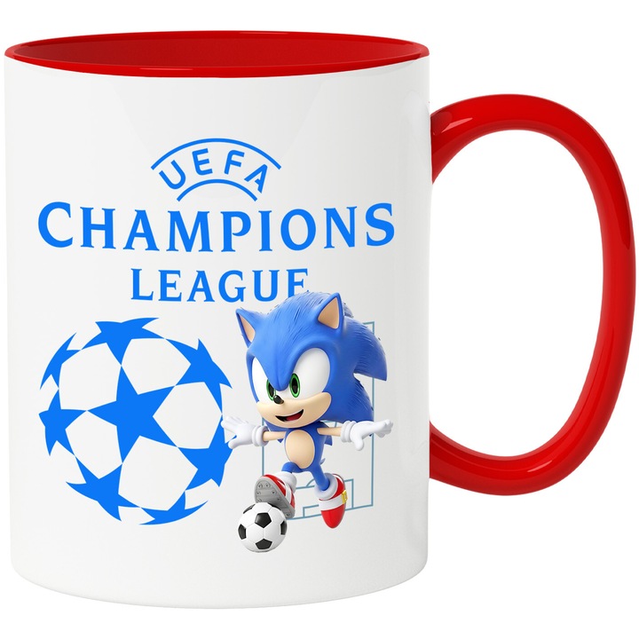 Cana cu Sonic, si Echipa de Fotbal Uefa Champions League, Ceramica, 330ML, Cu Maner si Interior Rosu