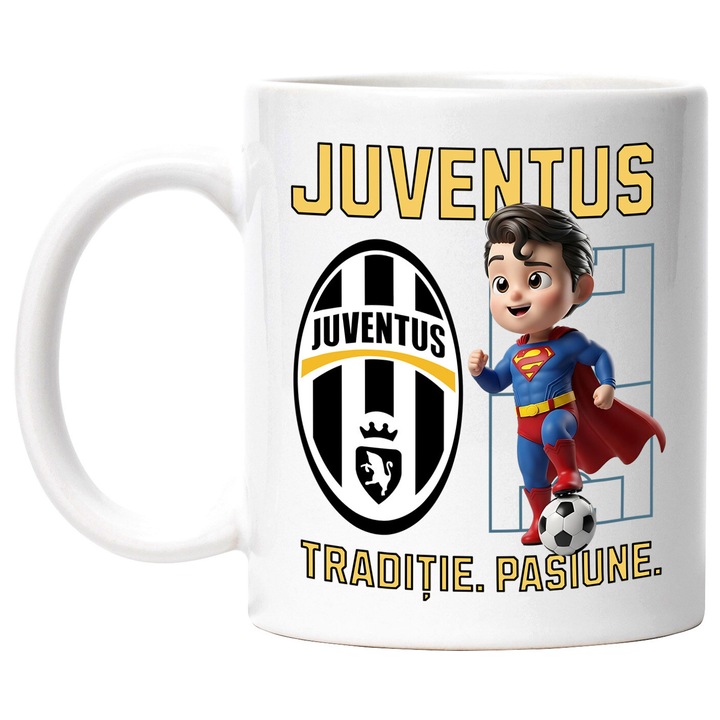 Cana cu Superman, si Echipa de Fotbal Juventus, Ceramica, 330ML, Cu Maner si Interior Alb
