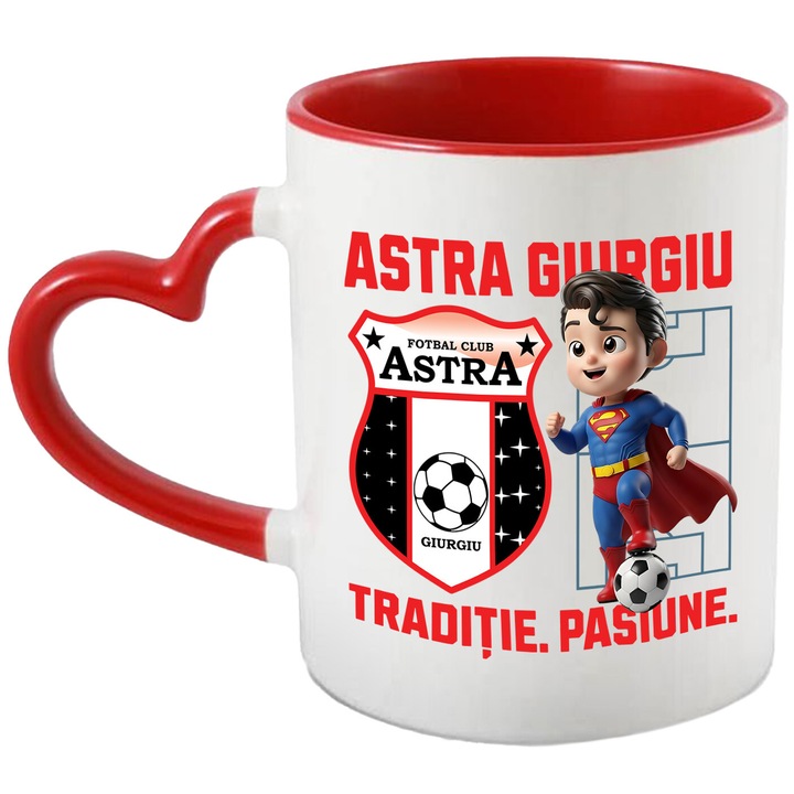 Cana cu Superman, si Echipa de Fotbal Astra Giurgiu, Ceramica, 330ML, Cu Maner Inima Rosie si Interior Rosu