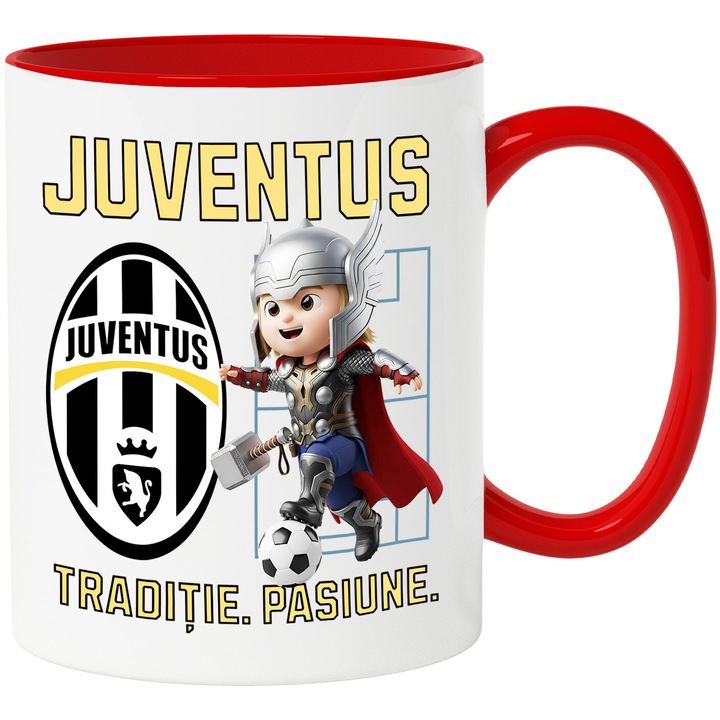 Cana cu Thor, si Echipa de Fotbal Juventus, Ceramica, 330ML, Cu Maner si Interior Rosu