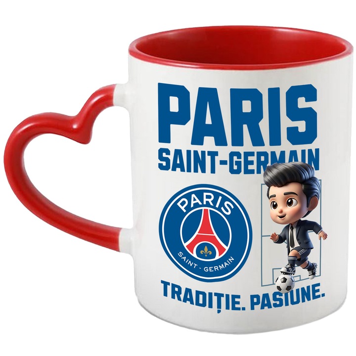 Cana cu Ken Barbie, si Echipa de Fotbal Paris Saint Germain, Ceramica, 330ML, Cu Maner Inima Rosie si Interior Rosu