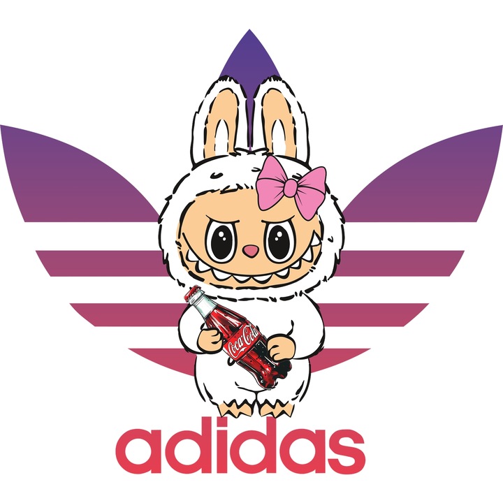 Sticker Adeziv Cu Labubu, Cu Textul "Adidas" - Design 1, cu Margini Albe, PVC Vinyl 15CM