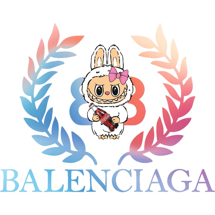 Sticker Adeziv Cu Labubu, Cu Textul "Balenciaga" - Design 1, cu Margini Albe, PVC Vinyl 40CM