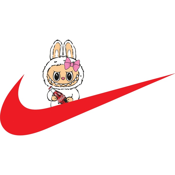 Sticker Adeziv Cu Labubu, Cu Textul "Nike" - Design 1, cu Margini Albe, PVC Vinyl 28CM