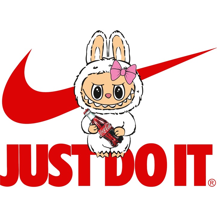 Sticker Adeziv Cu Labubu, Cu Textul "Nike Just Do It" - Design 1, cu Margini Albe, PVC Vinyl 70CM