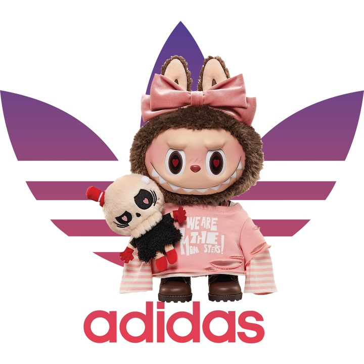 Sticker Adeziv Cu Labubu, Cu Textul "Adidas" - Design 4, cu Margini Albe, PVC Vinyl 15CM