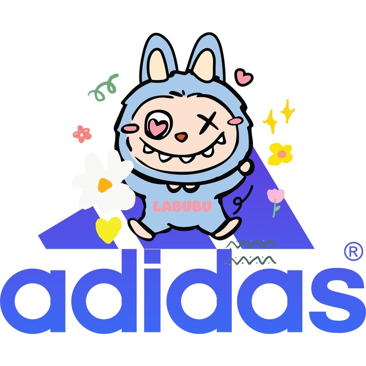 Sticker Adeziv Cu Labubu, Cu Textul "Adidas" - Design 8, cu Margini Albe, PVC Vinyl 40CM