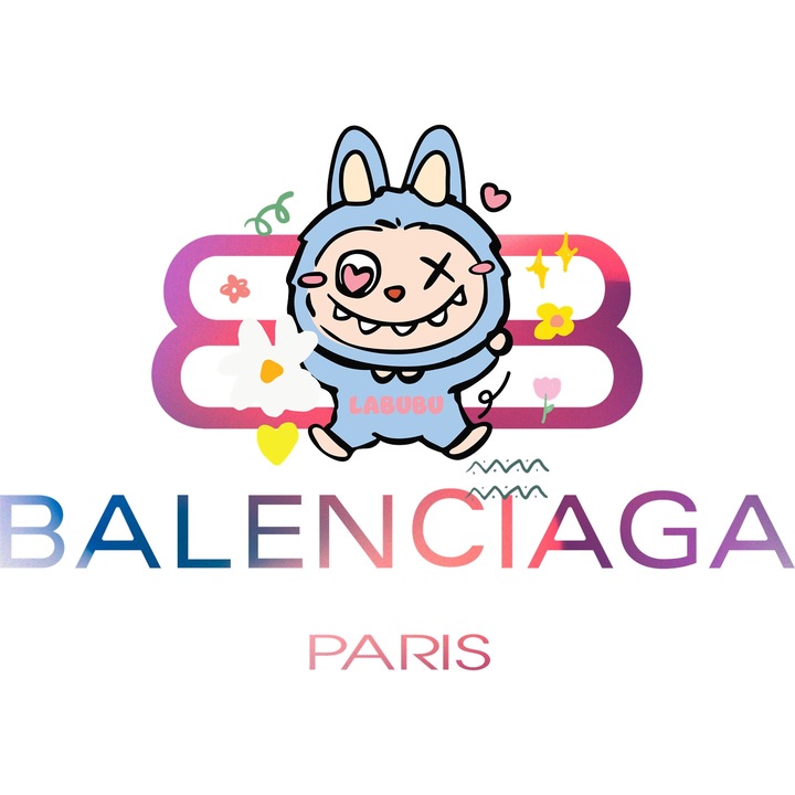 Sticker Adeziv Cu Labubu, Cu Textul "Balenciaga Paris" - Design 3, cu Margini Albe, PVC Vinyl 28CM