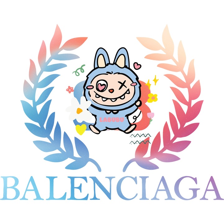 Sticker Adeziv Cu Labubu, Cu Textul "Balenciaga" - Design 3, cu Margini Albe, PVC Vinyl 10CM