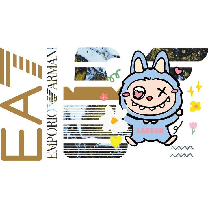 Sticker Adeziv Cu Labubu, Cu Textul "Emporio Armani EA" - Design 3, cu Margini Albe, PVC Vinyl 15CM