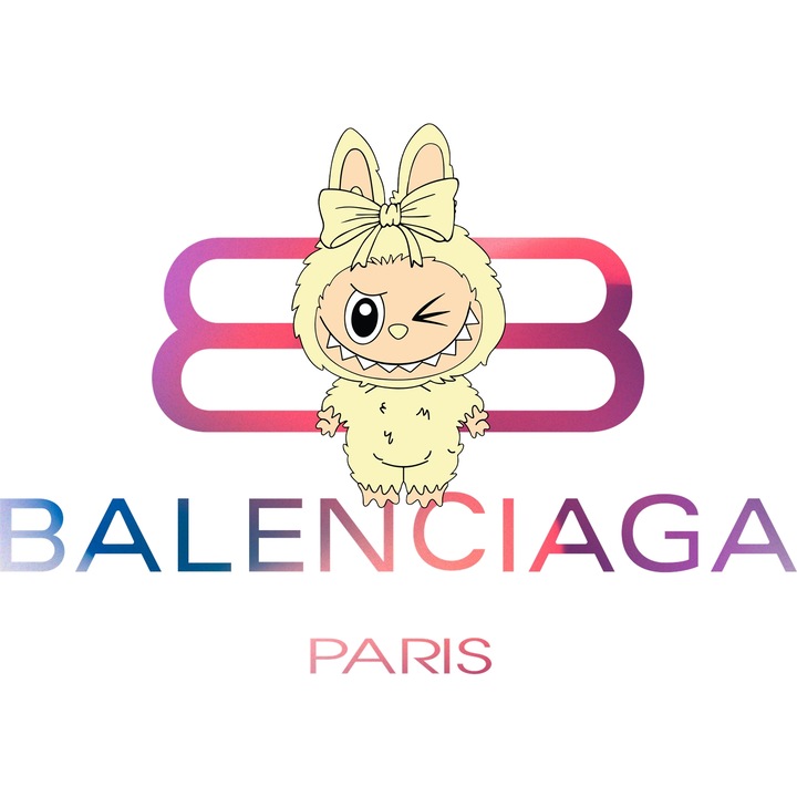 Sticker Adeziv Cu Labubu, Cu Textul "Balenciaga Paris" - Design 4, cu Margini Albe, PVC Vinyl 23CM