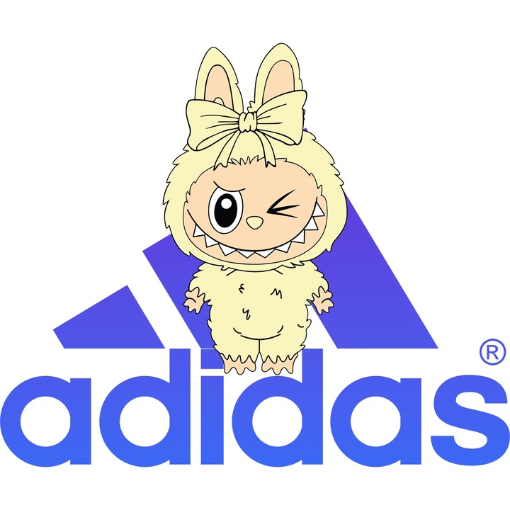 Sticker Adeziv Cu Labubu, Cu Textul "Adidas" - Design 11, cu Margini Albe, PVC Vinyl 10CM