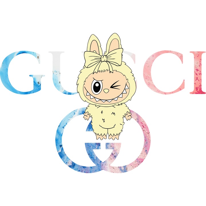 Sticker Adeziv Cu Labubu, Cu Textul "Gucci" - Design 4, cu Margini Albe, PVC Vinyl 15CM