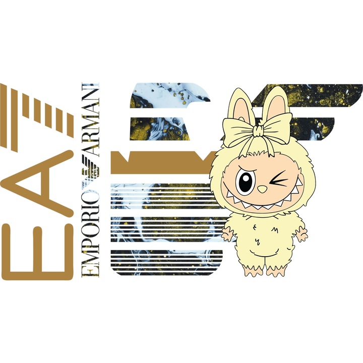 Sticker Adeziv Cu Labubu, Cu Textul "Emporio Armani EA" - Design 4, cu Margini Albe, PVC Vinyl 28CM