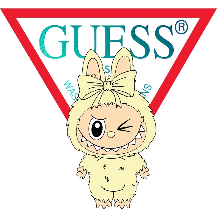 Sticker Adeziv Cu Labubu, Cu Textul "Guess" - Design 4, cu Margini Albe, PVC Vinyl 28CM