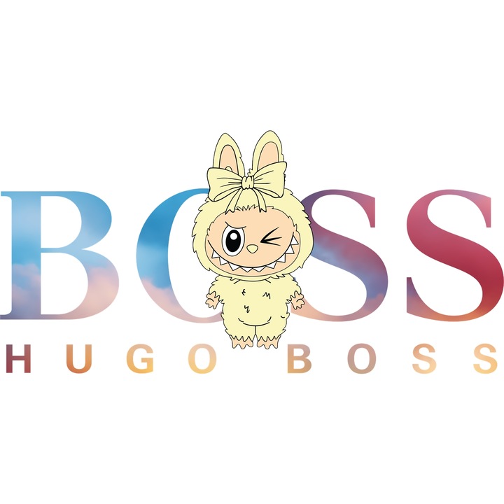 Sticker Adeziv Cu Labubu, Cu Textul "Hugo Boss" - Design 4, cu Margini Albe, PVC Vinyl 28CM