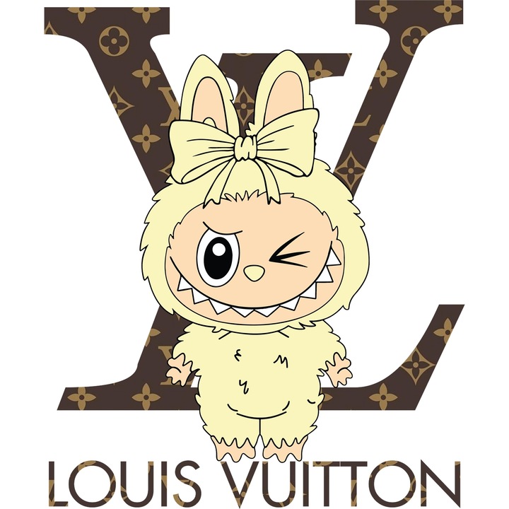 Sticker Adeziv Cu Labubu, Cu Textul "Louis Vuitton" - Design 4, cu Margini Albe, PVC Vinyl 28CM