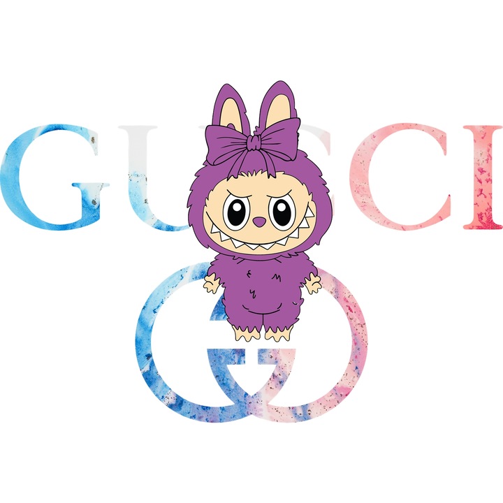 Sticker Adeziv Cu Labubu, Cu Textul "Gucci" - Design 5, cu Margini Albe, PVC Vinyl 28CM