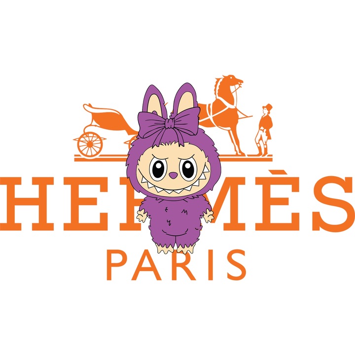 Sticker Adeziv Cu Labubu, Cu Textul "Hermes Paris" - Design 5, cu Margini Albe, PVC Vinyl 15CM