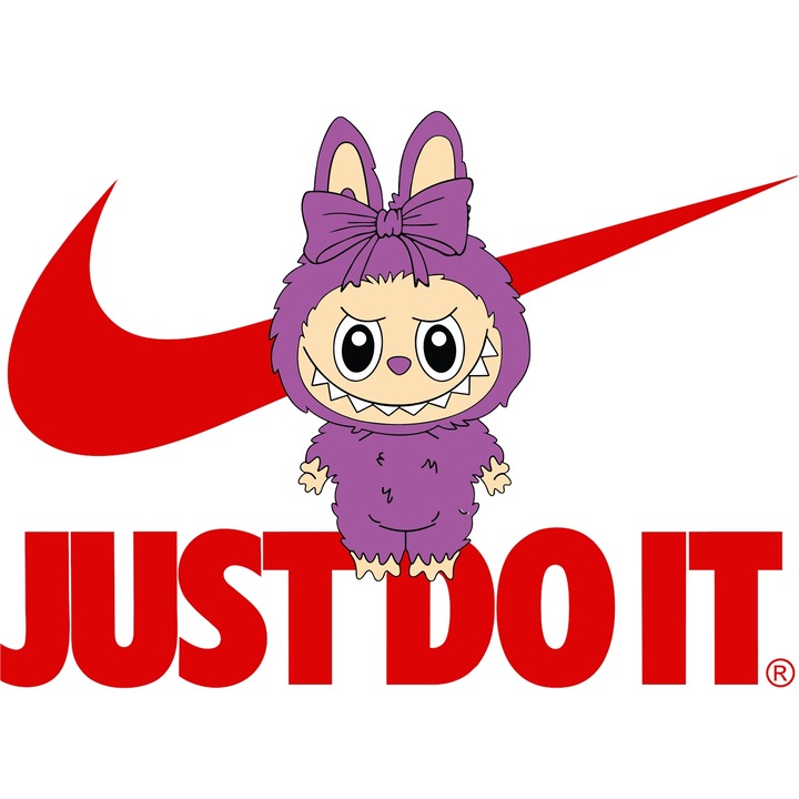 Sticker Adeziv Cu Labubu, Cu Textul "Nike Just Do It" - Design 5, cu Margini Albe, PVC Vinyl 10CM