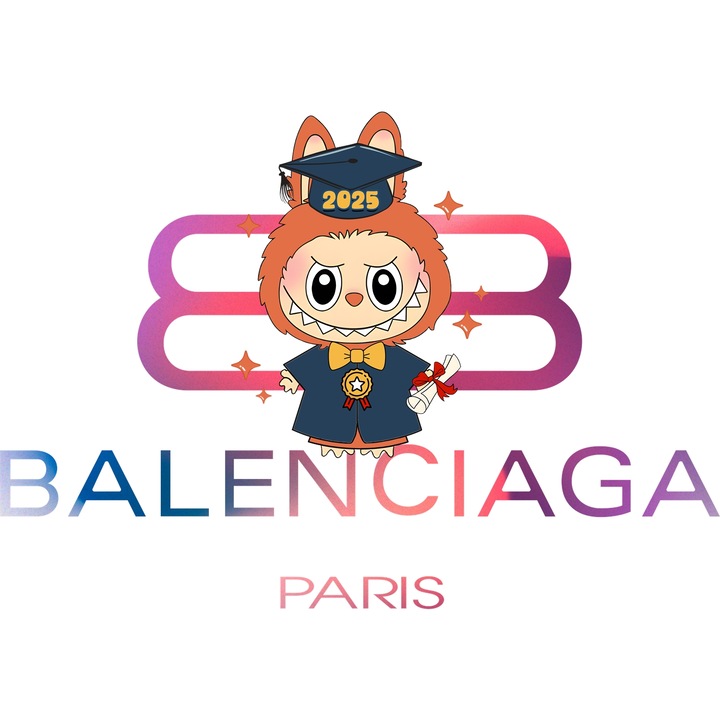 Sticker Adeziv Cu Labubu, Cu Textul "Balenciaga Paris" - Design 6, cu Margini Albe, PVC Vinyl 28CM