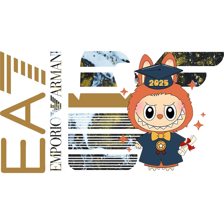 Sticker Adeziv Cu Labubu, Cu Textul "Emporio Armani EA" - Design 6, cu Margini Albe, PVC Vinyl 10CM