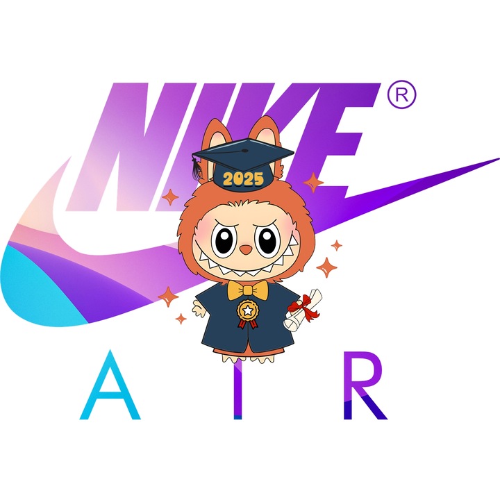 Sticker Adeziv Cu Labubu, Cu Textul "Nike Air" - Design 6, cu Margini Albe, PVC Vinyl 28CM