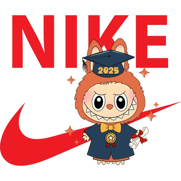 Sticker Adeziv Cu Labubu, Cu Textul "Nike" - Design 6, cu Margini Albe, PVC Vinyl 70CM
