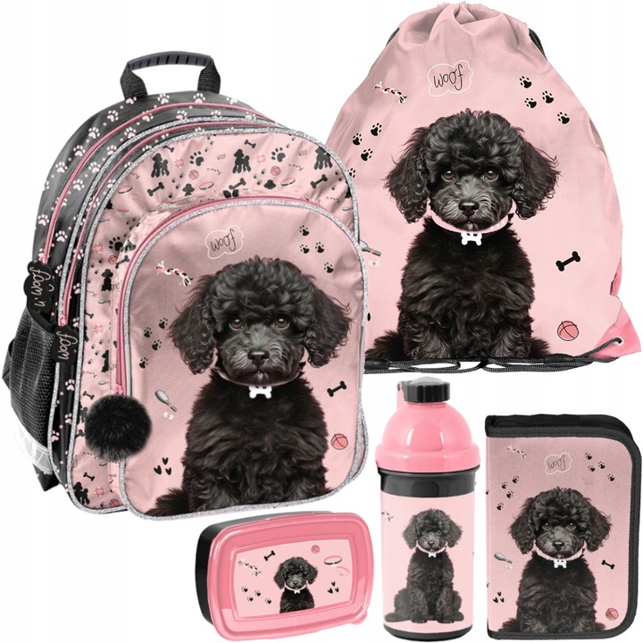 Set Complet Ghiozdan Scoala Fete, Pies cu Pui, 1-3 Clasa, Accesorii