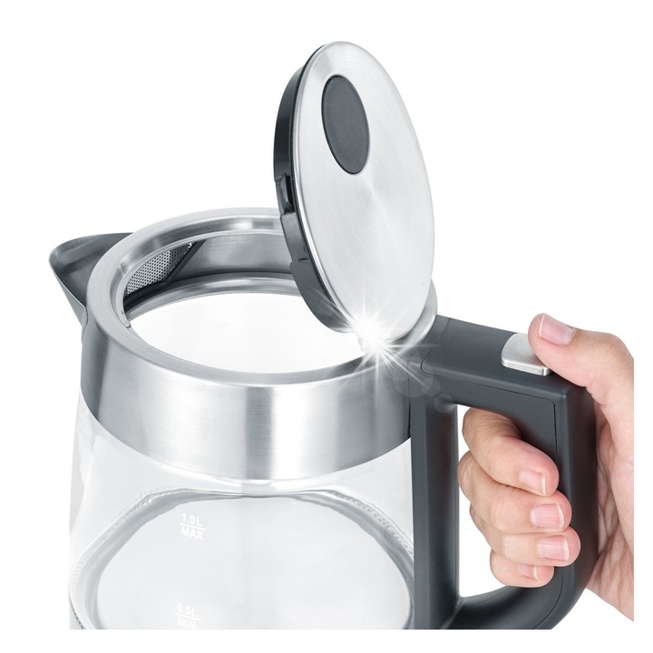 Кана за вода Severin WK 3468, 2200 W, стъкло и неръждаема стомана, вместимост 1 л, 20x14x19 см