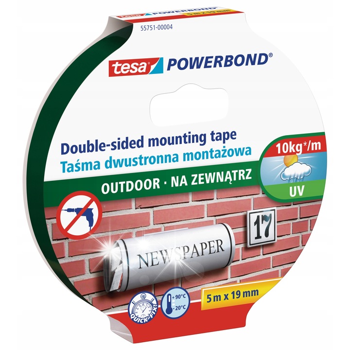 Двустранна лента Tesa Powerbond, 5м x 19мм, прозрачна, водоустойчива и UV устойчива, за външна употреба