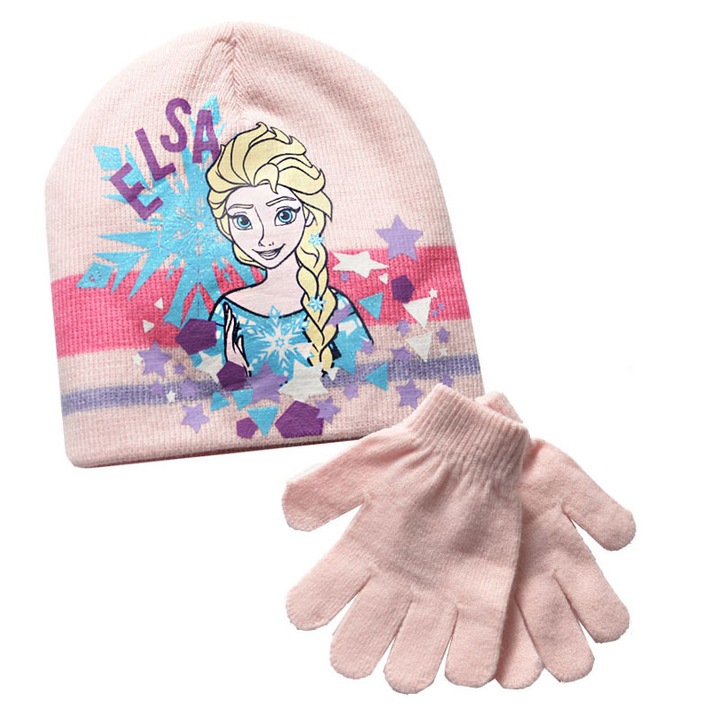 Set caciula si fular roz cu Elsa, 98 CM, imprimeu Arendelle, pompon pufos