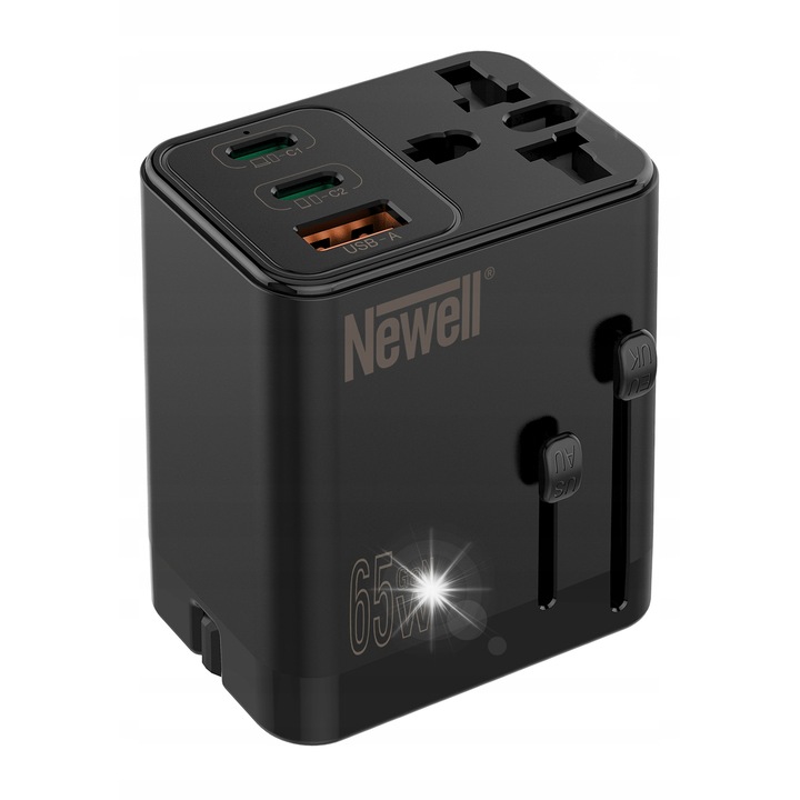 Incarcator Newell GaN travel adapter 65 W, 1 priza AC, 2 porturi USB-C, negru, dimensiuni 37x56x65mm
