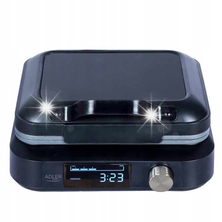 Adler gofrisütő 2200W, LED kijelzővel, fekete, 26x26x14.5cm, 6 barnítási fokozat, használati útmutatóval