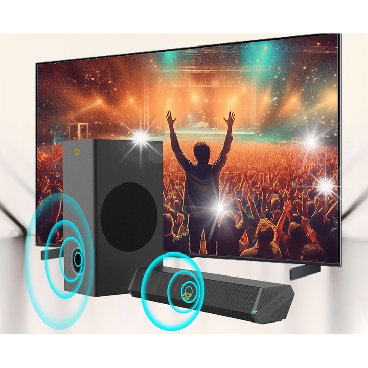 Soundbar mélynyomóval Mozos GS-BAR BT, 2.1 csatornás, Bluetooth 5.0, 420x109x72mm, 150x200x372mm, fekete