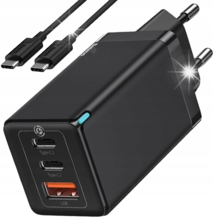 Incarcator rapid Baseus GaN5 Pro 65W, 2x USB-C + 1x USB-A, negru, set cu cablu USB-C 1m