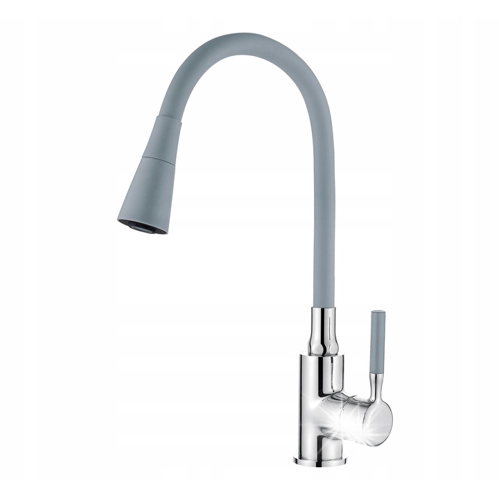 Санитарен смесител Invena Pogo, с гъвкав чучур, 2 функции, сив, комплект с монтажни аксесоари