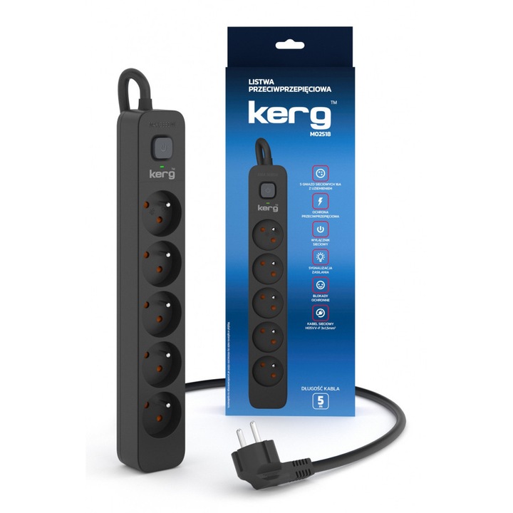 Prelungitor Kerg, 5 gniazd, protectie impotriva supratensiunii, 5m, 16A, negru