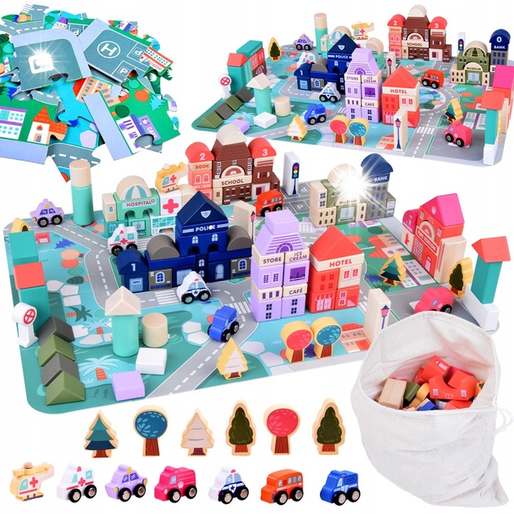 Комплект дървени кубчета, Jokomisiada, 115 елемента, пастелни цветове, включва пъзел 42x55см