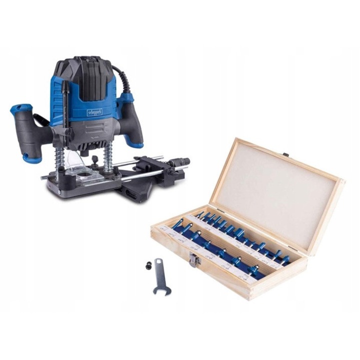 Scheppach WRT1200 felsőmaró, 1200W, 20 marófej, 6mm, készlet