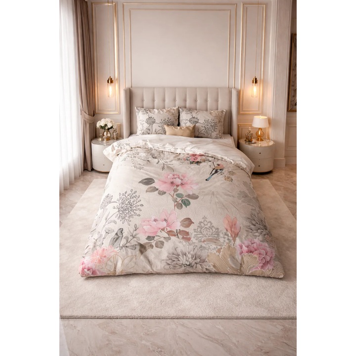Lenjerie de pat Sleeptime, 1x husa pilota 200x200/220, 2x fete de perna 60x70, Microfibra, Hipoalergenica, 90 GSM, model Forest Flowers Cream, imprimeu Print Digital, culoare Bej