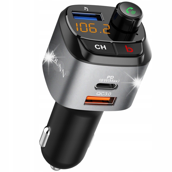 Transmitator Bluetooth FM BOUNN, 3 porturi USB, tehnologie Bass Boost, negru/argintiu