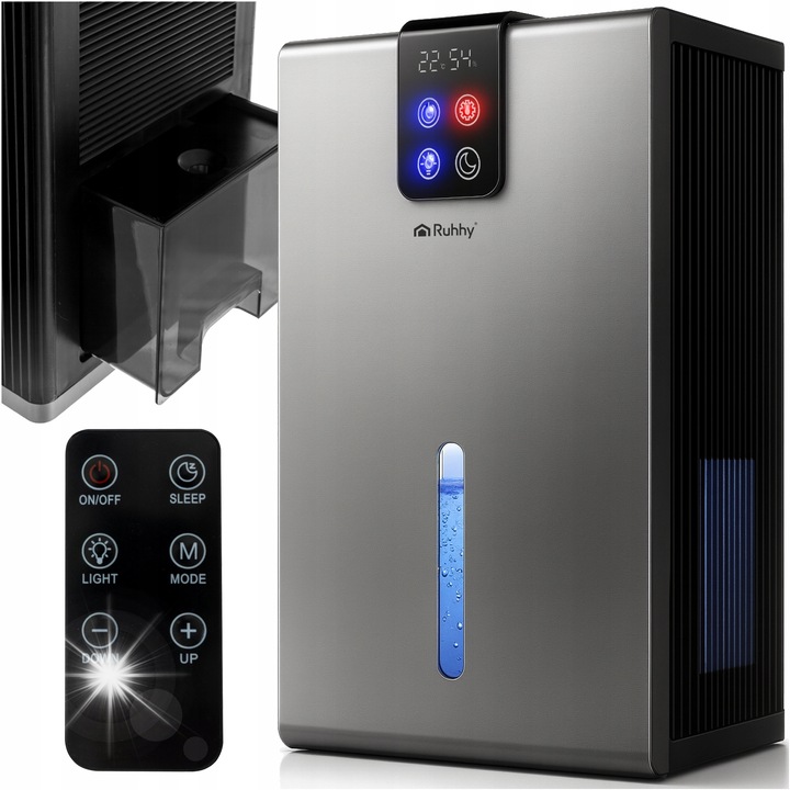 Dezumidificator RUHHY, 1000 ml/24h, 2,2 l, argintiu, 21x15x36cm, cu telecomanda
