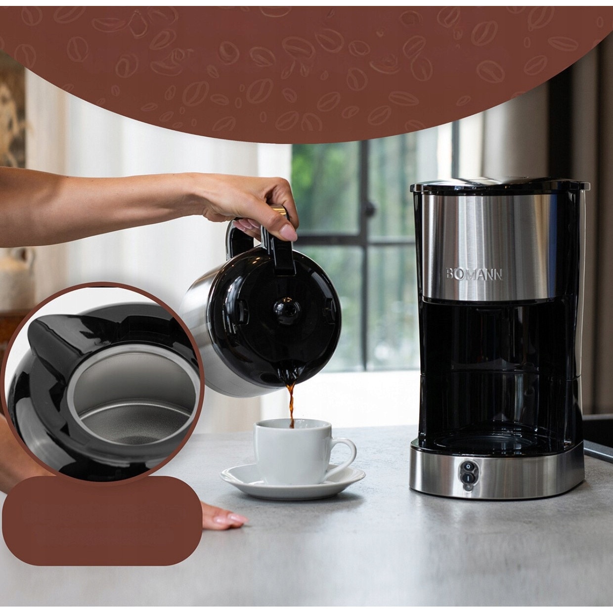 Cafetiera Bomann KA 6066 CB, argintiu/negru, 1.2L, 800W, 10 cesti