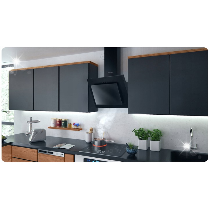 Абсорбатор Berdsen 60см Kimonowy LED, безопасно стъкло, черен, с аксесоари