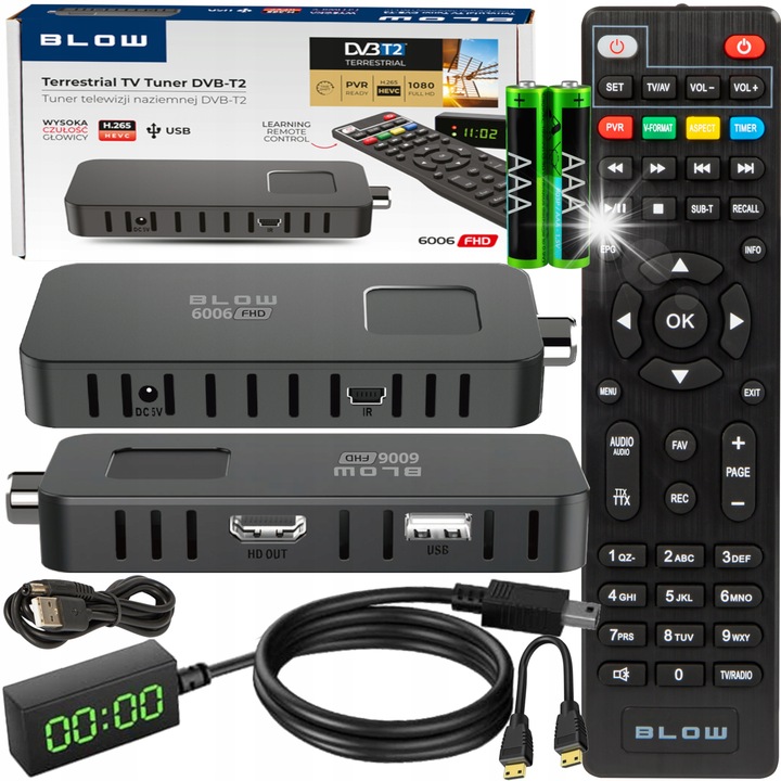 Тунер DVB-T2 BLOW 6006FHD MINI, Full HD, функция PVR, комплект с дистанционно управление, размери 5x11,9x1,5см