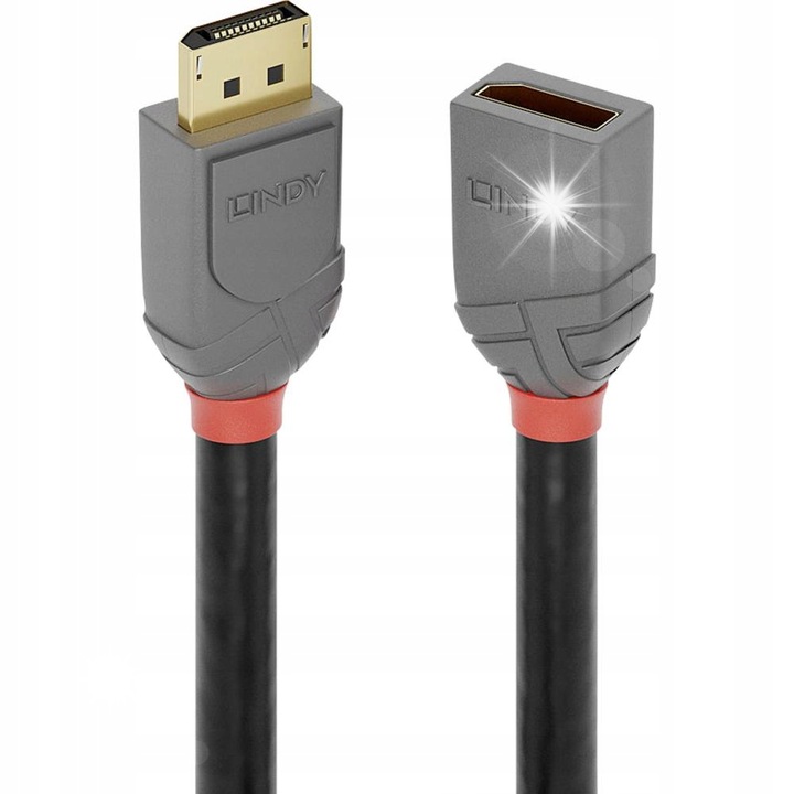 Кабел DisplayPort Lindy 0.50м, 1х мъжки - 1х женски, 3х екраниран, сив